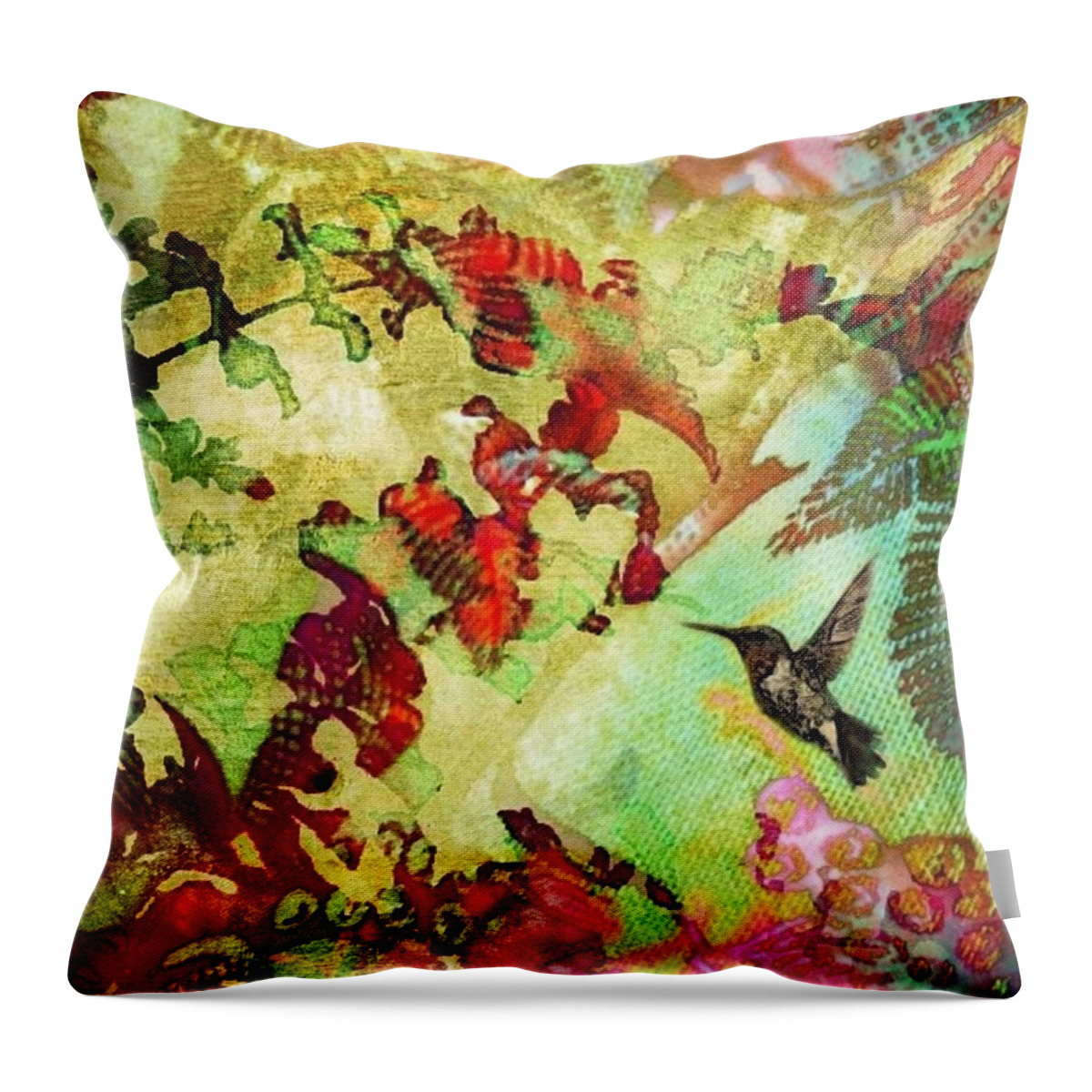 Sharkcrossing Throw Pillow featuring the digital art V Hummingbird in Flower Heaven - Vertical by Lyn Voytershark
