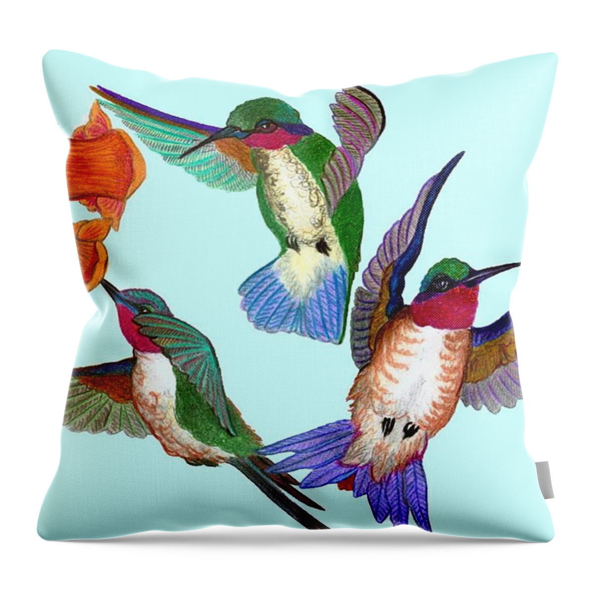 Hummingbirds Throw Pillow featuring the drawing Hummingbirds by Anthony Seeker