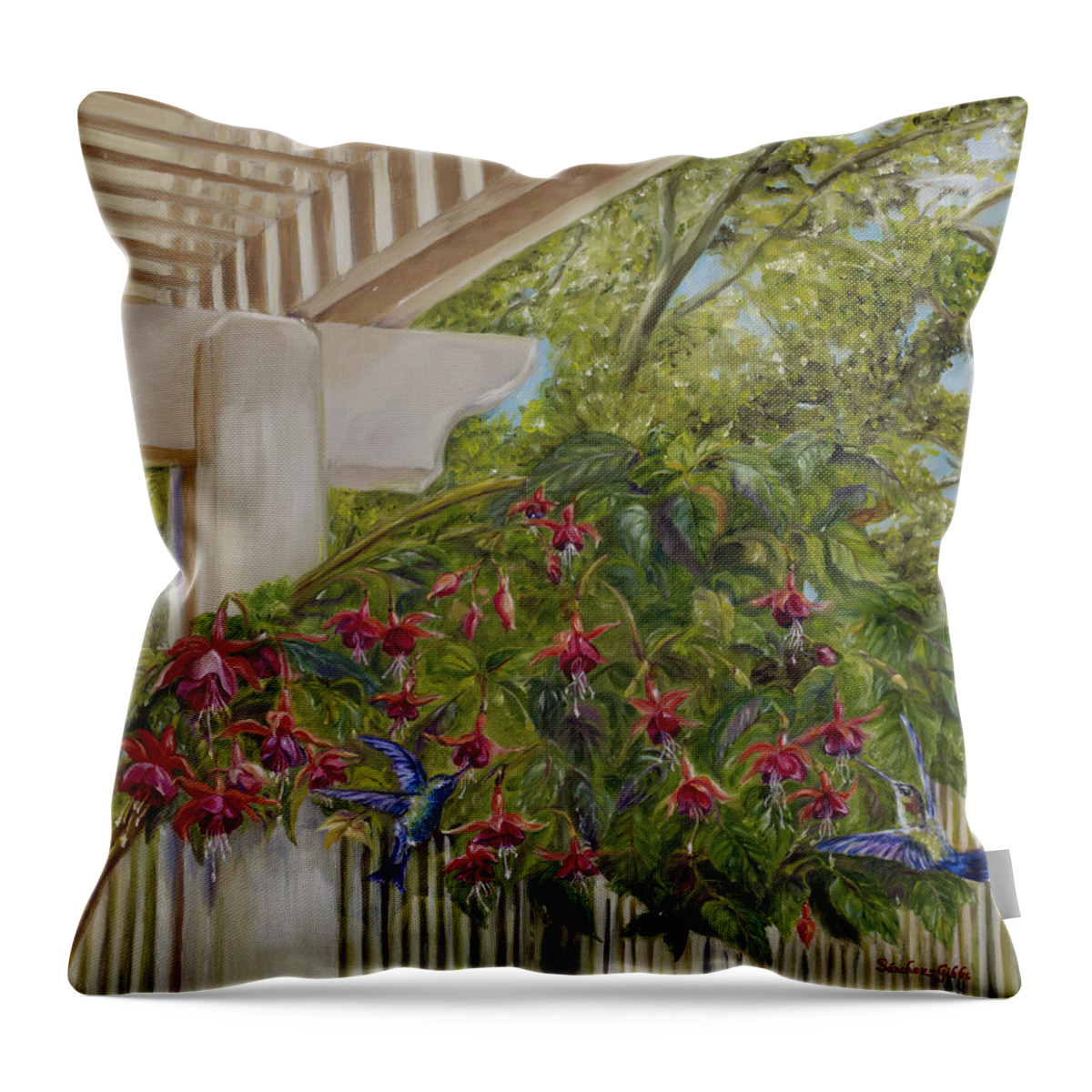 Hummingbirds Throw Pillow featuring the painting Hummingbirds in Spring by Maria Gibbs
