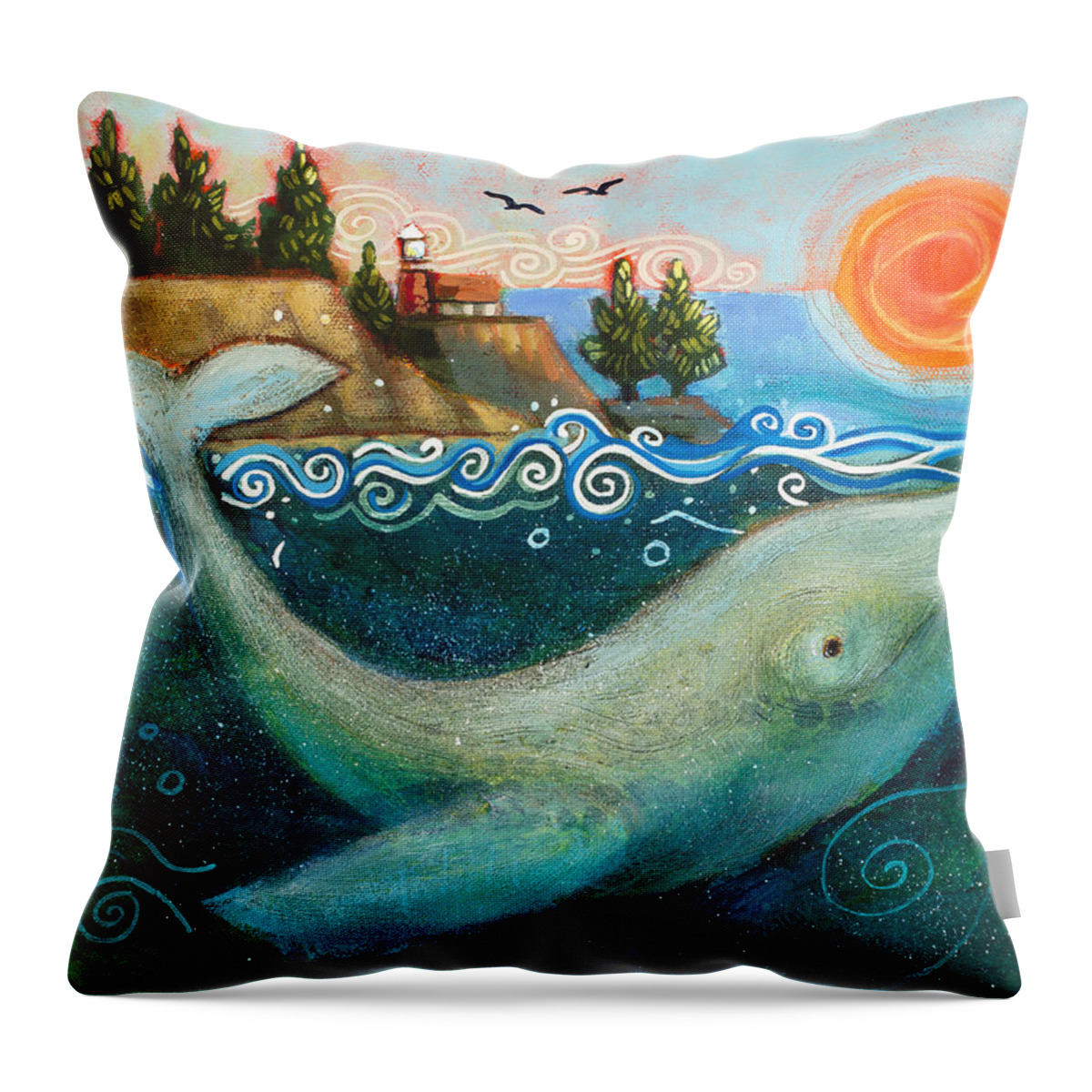 Jen Norton Throw Pillow featuring the painting Humpback Whales in Santa Cruz by Jen Norton