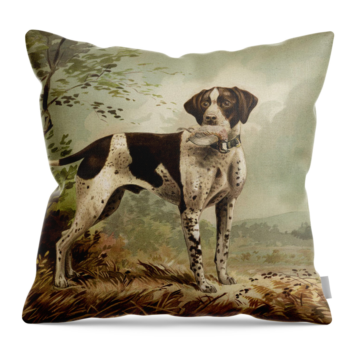 Haunting Dog Throw Pillow featuring the painting Hunting Dog circa 1879 by Aged Pixel