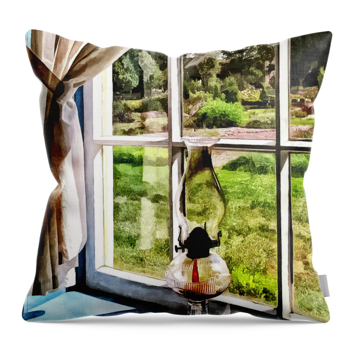 Lamp Throw Pillow featuring the photograph Hurricane Lamp in a Sunny Window by Susan Savad