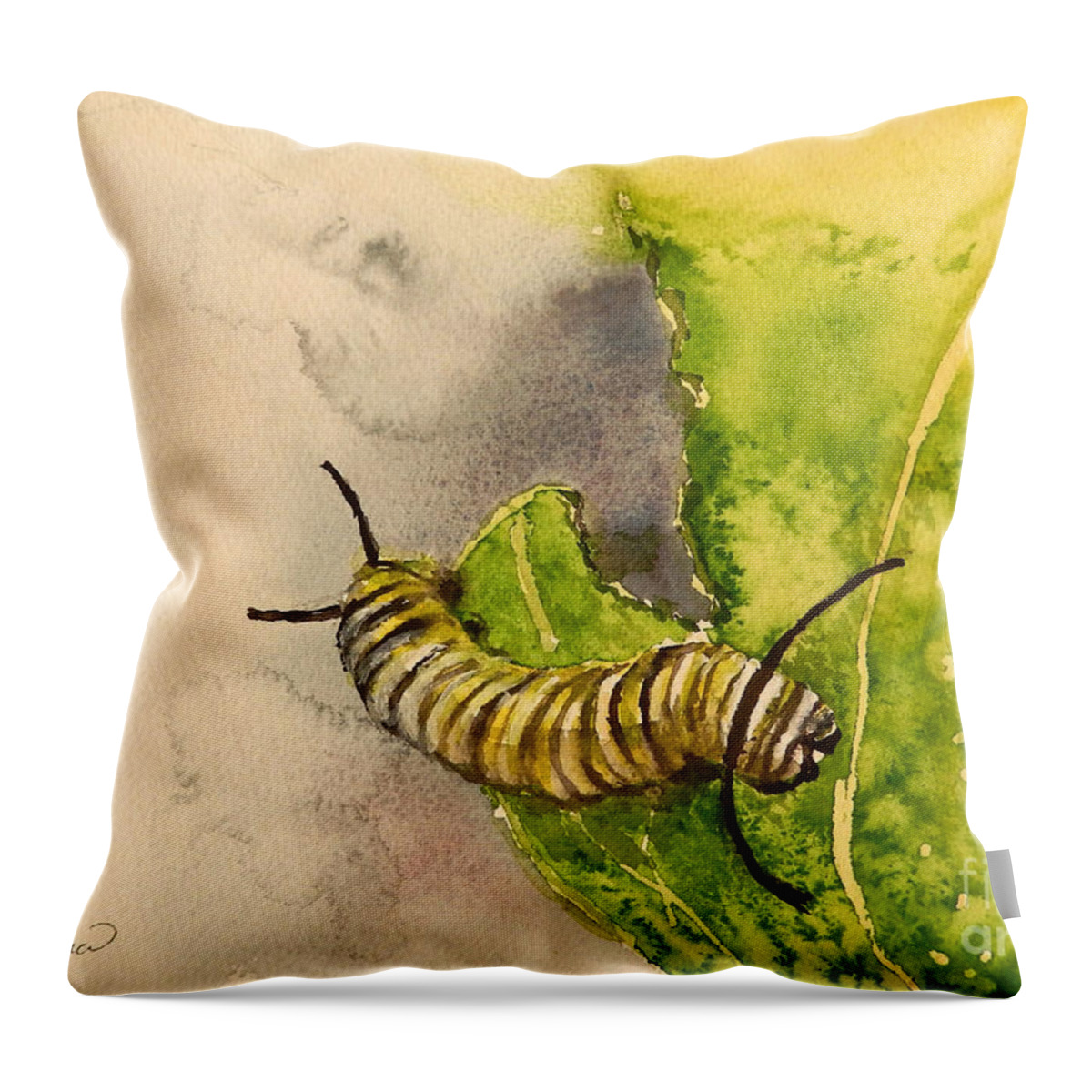 Insect Throw Pillow featuring the painting I am Very Hungry - Monarch Caterpillar by Yoshiko Mishina