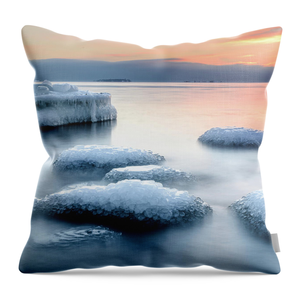 Scenics Throw Pillow featuring the photograph Ice Covered Rocks In Sea by Fineartphotoshots / Vesa Pihanurmi