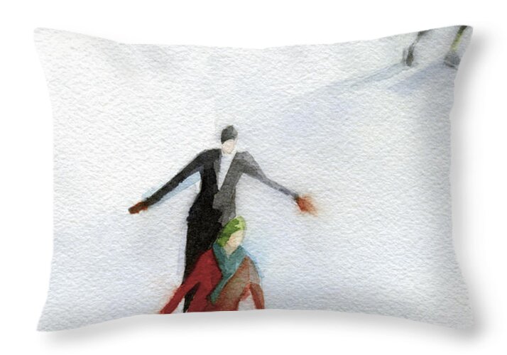 Ice Skating Throw Pillow featuring the painting Ice Skaters Watercolor Painting by Beverly Brown