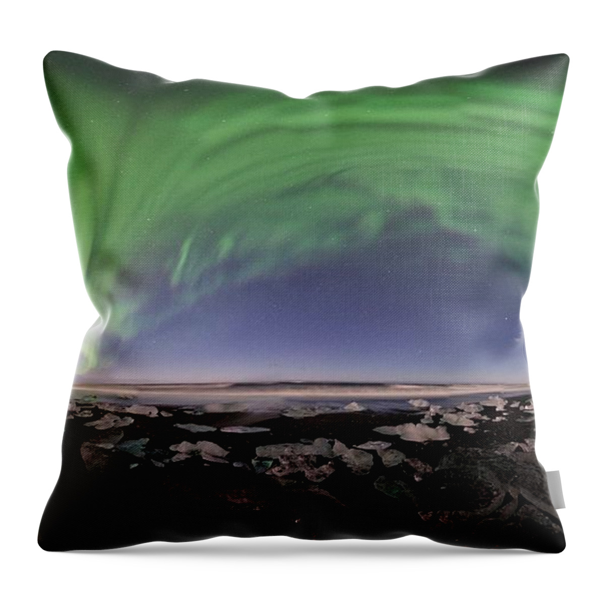 All Rights Reserved Throw Pillow featuring the photograph Iceland Aurora Beach Panorama by Mike Berenson