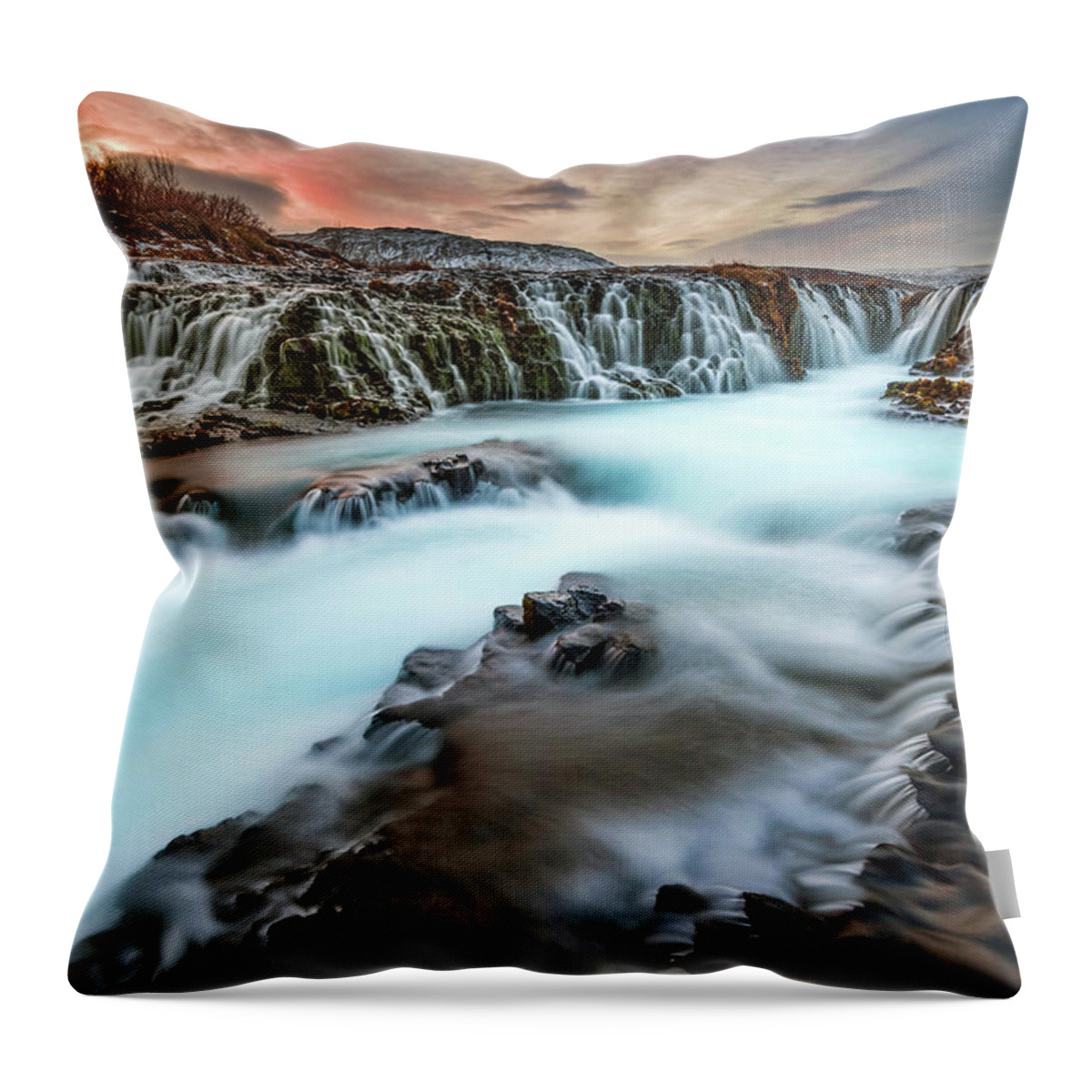 Scenics Throw Pillow featuring the photograph Iceland Waterfalls by Noppawat Tom Charoensinphon