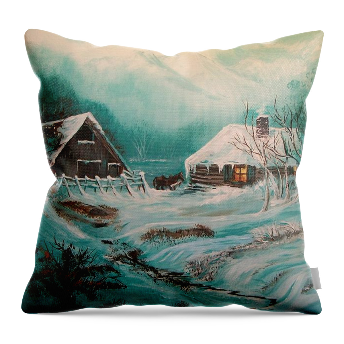 Log Throw Pillow featuring the painting Icy Twilight by Sharon Duguay