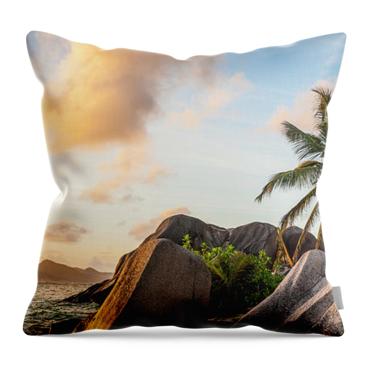 Tropical Rainforest Throw Pillow featuring the photograph Idyllic Tropical Island Sunset Over by Fotovoyager