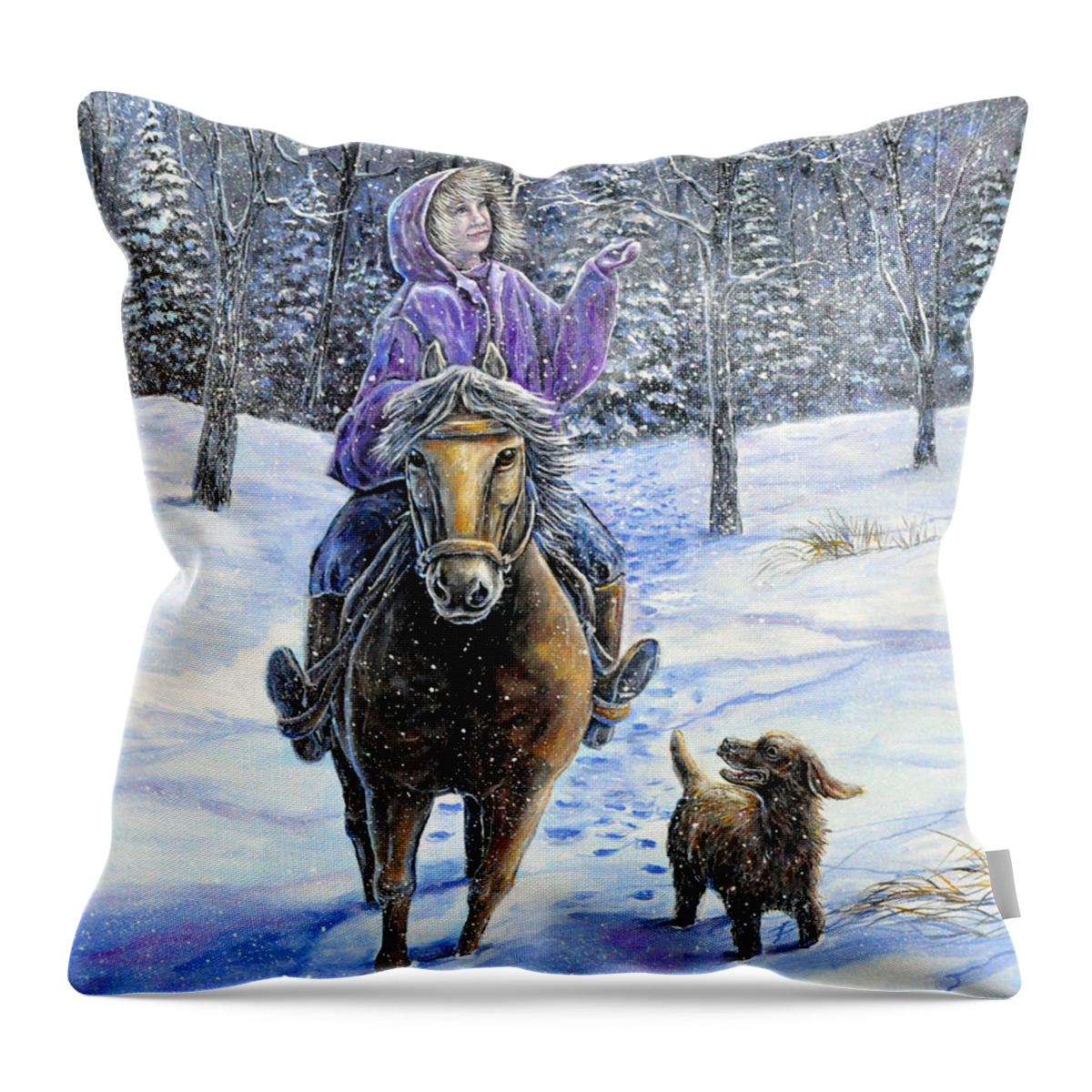 Nature Landscape Girl Ride Horse Dog Snow Country Friend Throw Pillow featuring the painting If Snowflakes Were Wishes by Gail Butler