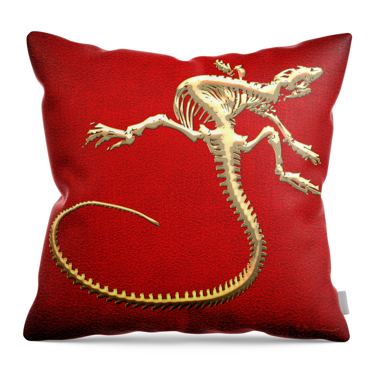 'precious Bones' Collection By Serge Averbukh Throw Pillow featuring the digital art Iguana Skeleton in Gold on Red by Serge Averbukh