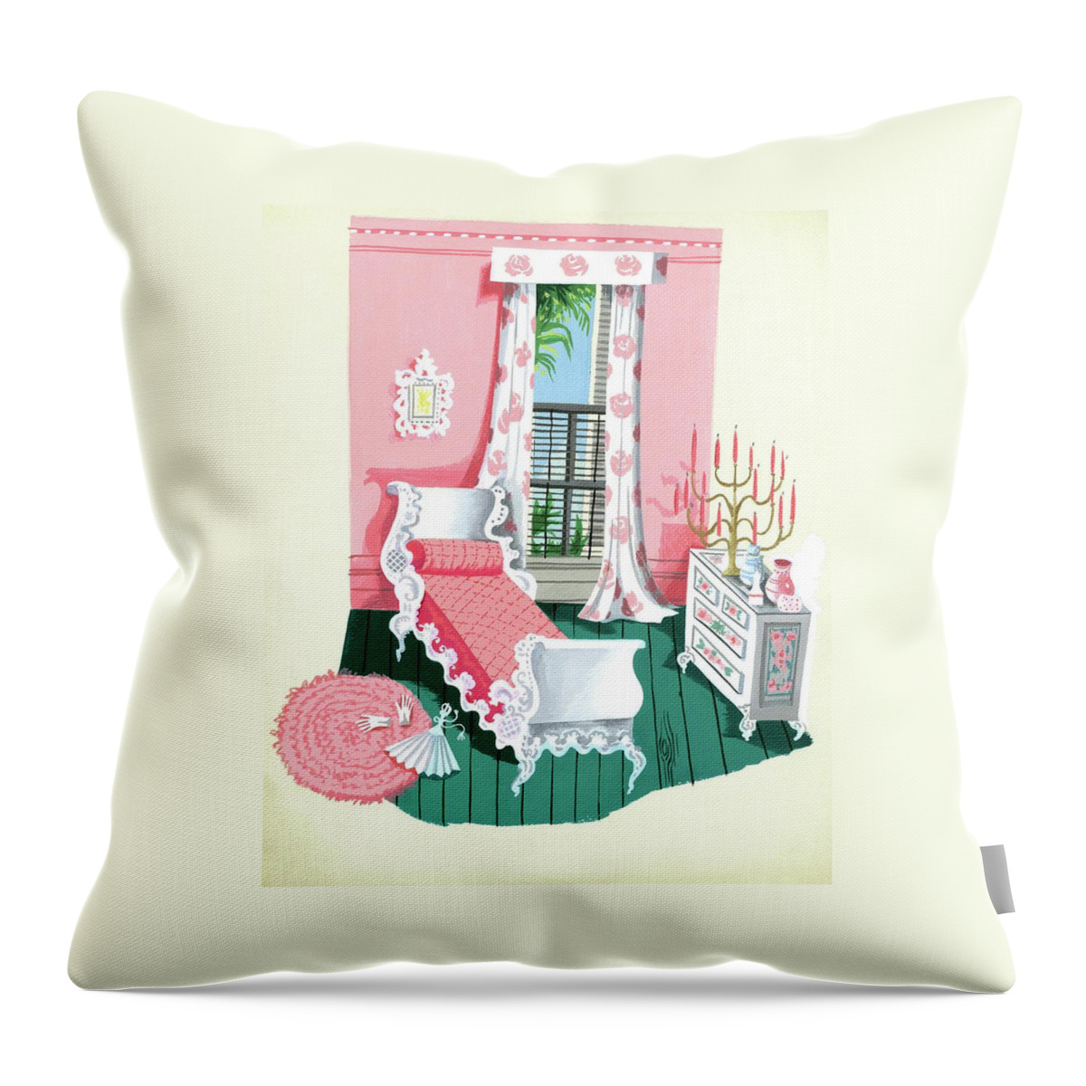 Illustration Of A Victorian Style Pink And Green Throw Pillow