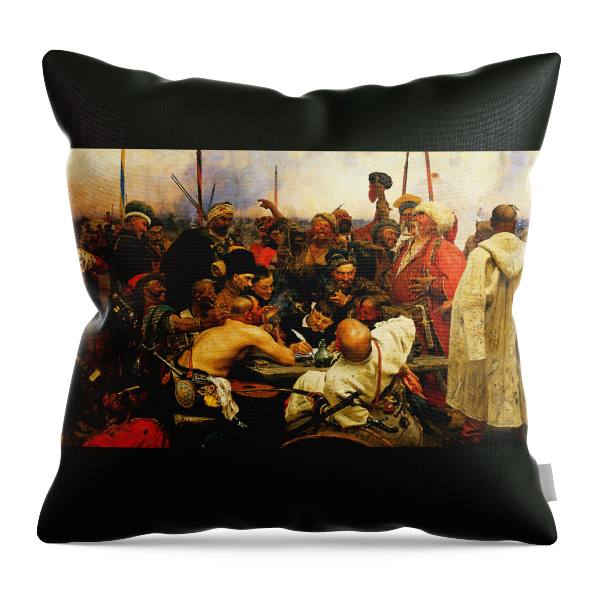 Ilya Repin 3 Reply Of The Zaporozhian Cossacks To Sultan Mehmed Iv Of Ottoman Empire1 Throw Pillow featuring the painting Ilya Repin 3 Reply Of The Zaporozhian Cossacks To Sultan Mehmed Iv Of Ottoman Empire1 by MotionAge Designs