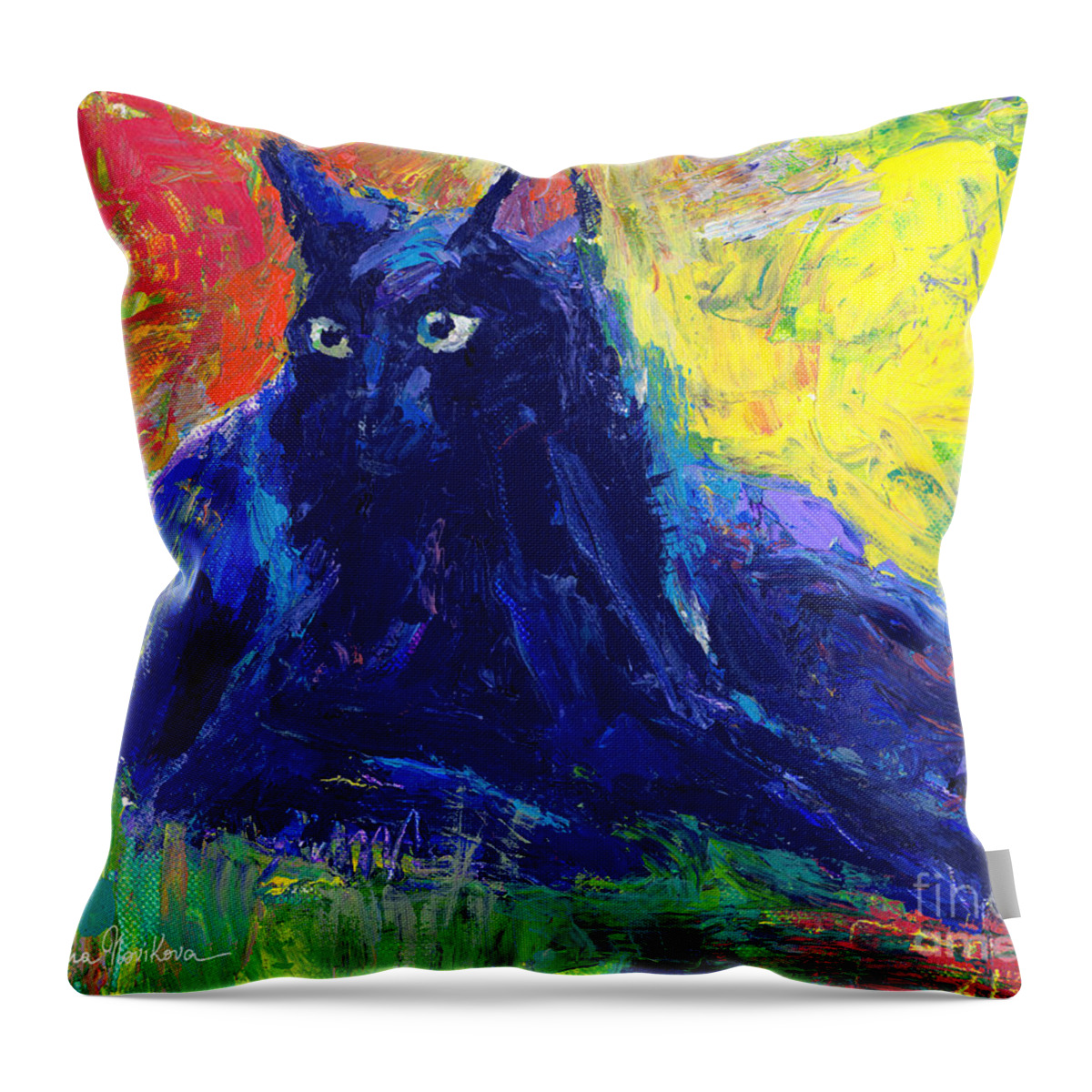 Black Cat Painting Throw Pillow featuring the painting Impasto Black Cat painting by Svetlana Novikova