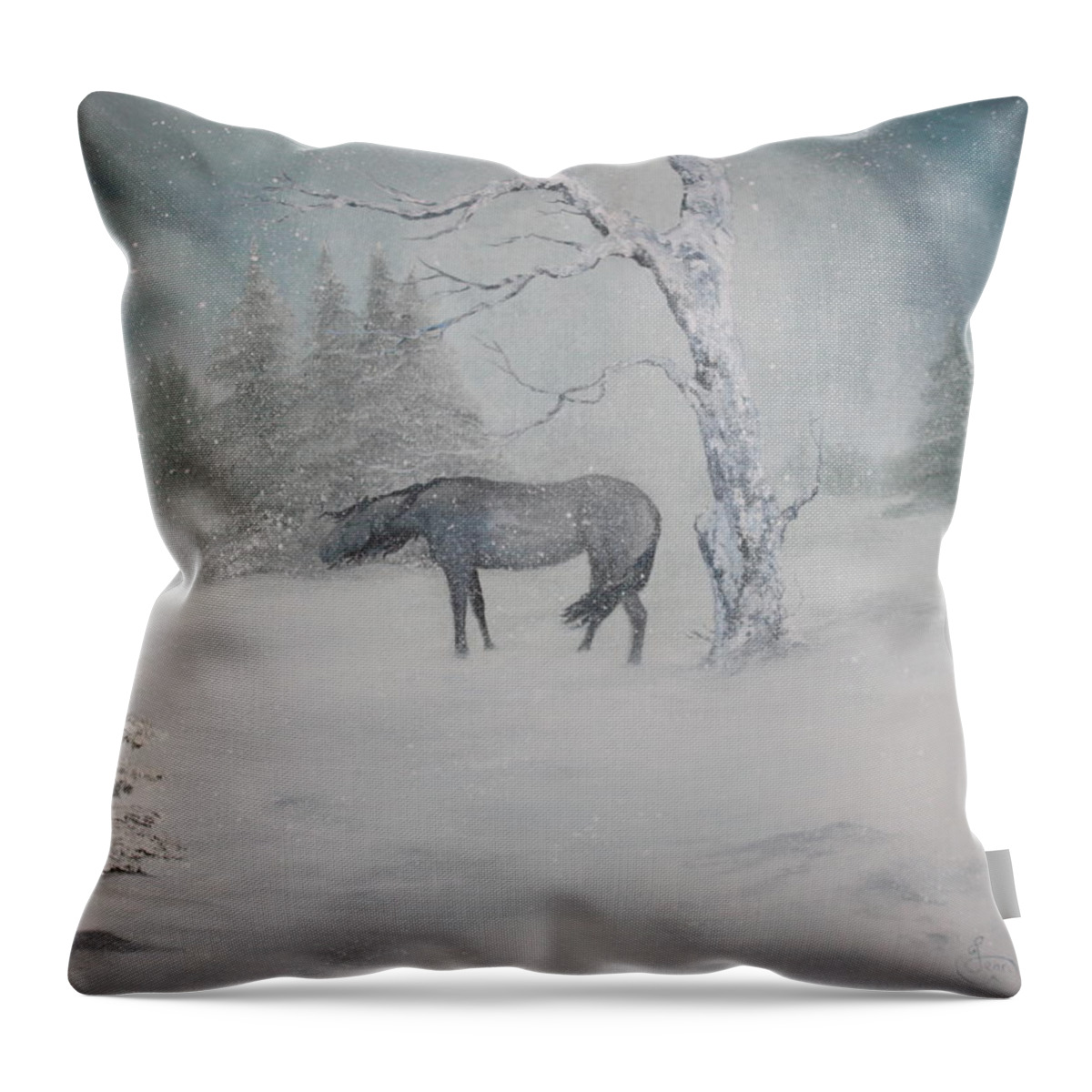 Grey Horse Throw Pillow featuring the painting In Need of Shelter by Jean Walker