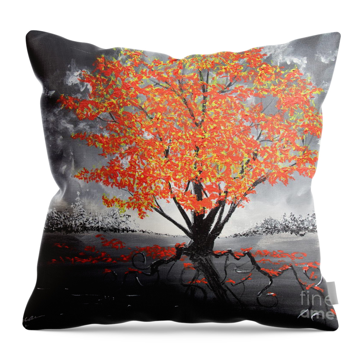 Red Tree Throw Pillow featuring the painting Blaze In The Twilight #1 by Stefan Duncan