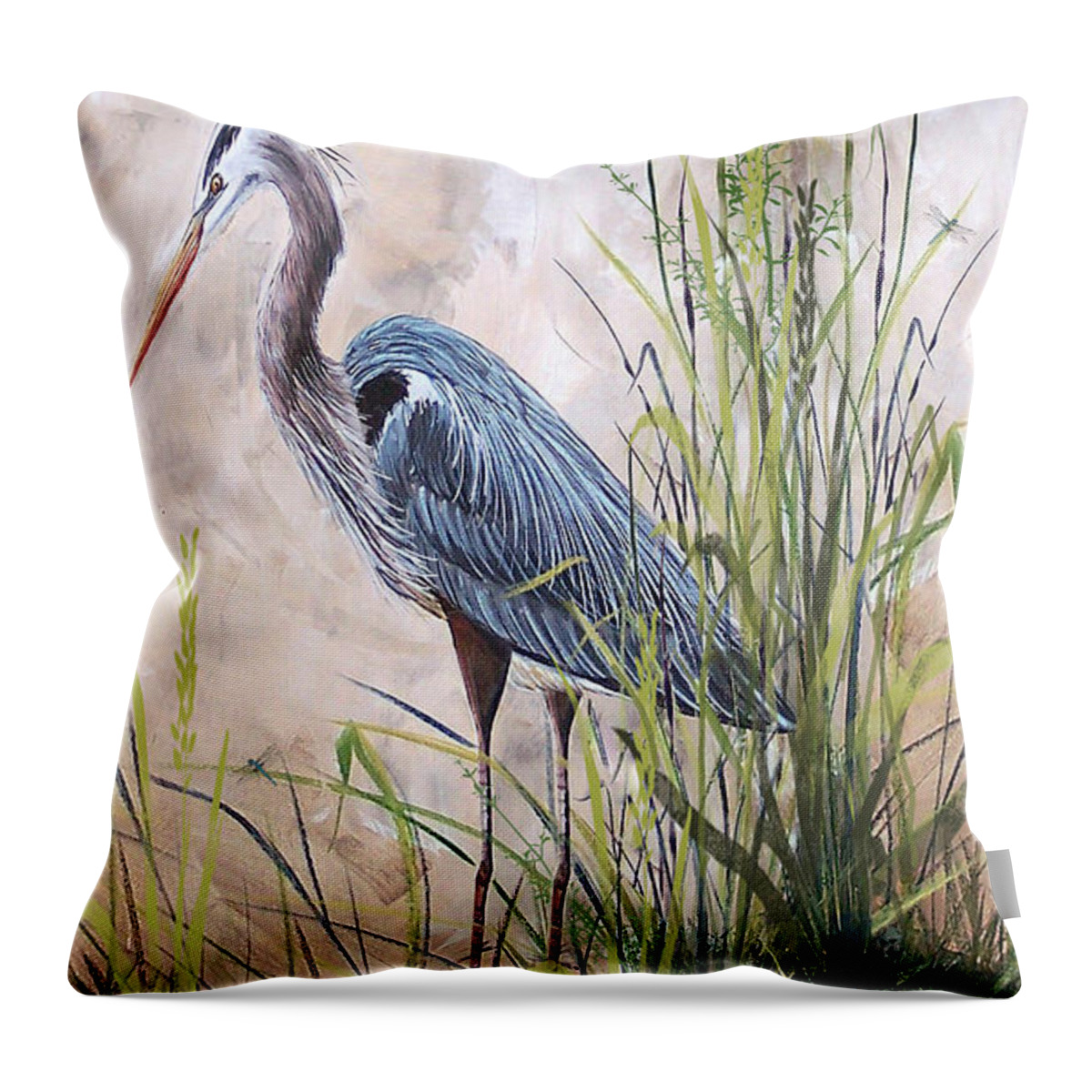 Heron Throw Pillow featuring the painting In the Reeds-Blue Heron-B by Jean Plout