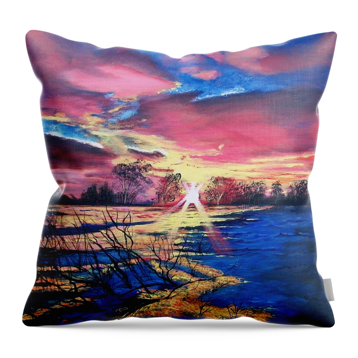 Red Sky Throw Pillow featuring the painting In The Still of Dawn by Sharon Duguay