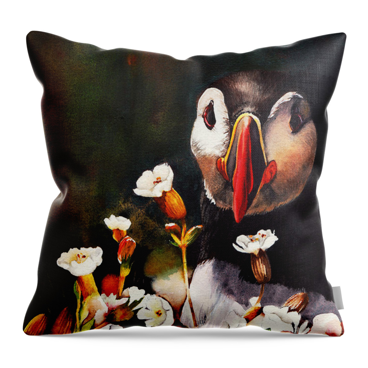 Puffin Throw Pillow featuring the painting In Your Face by Peter Williams