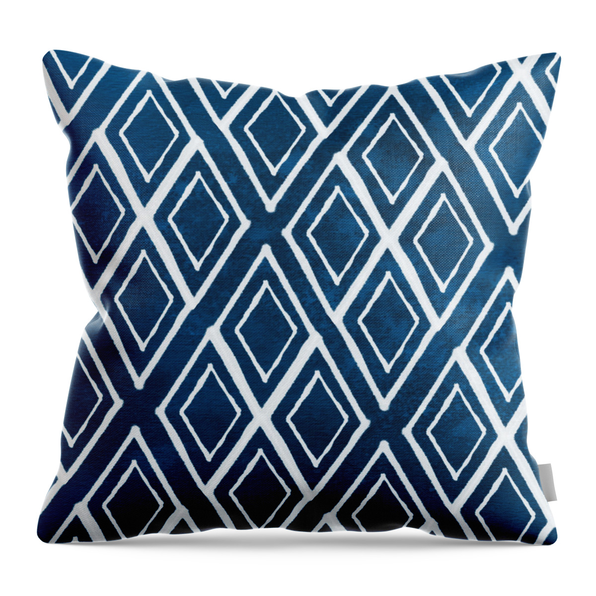 Indigo And White Throw Pillow featuring the painting Indgo and White Diamonds Large by Linda Woods