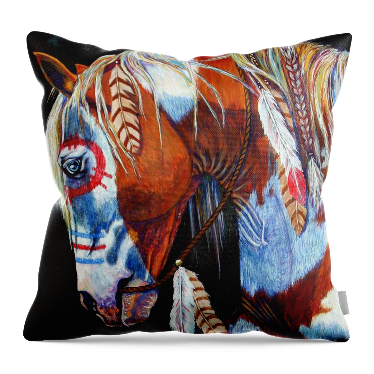 Indian Throw Pillow featuring the painting Indian War Pony by Amanda Hukill