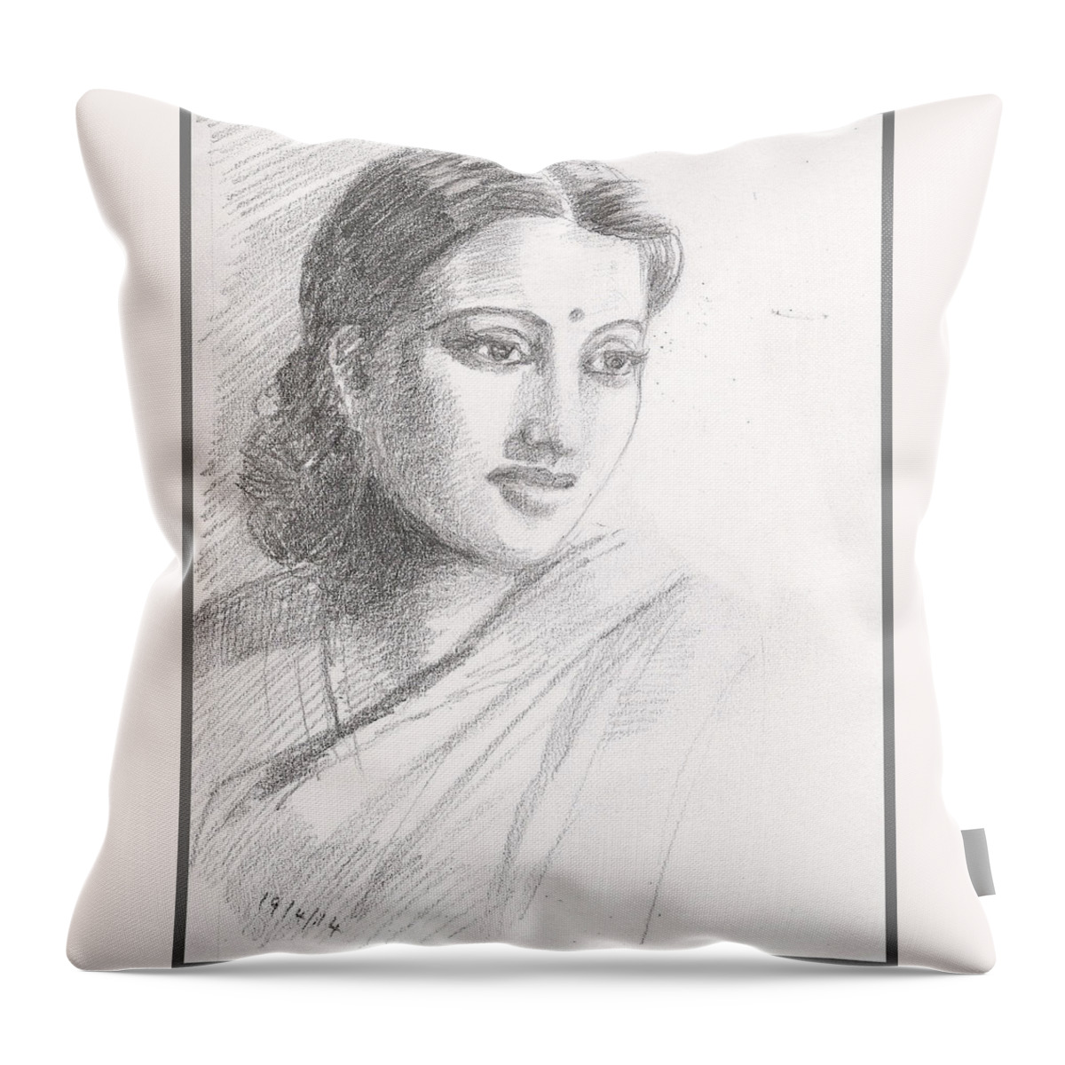 Indian Woman Throw Pillow featuring the drawing Indian Woman by Asha Sudhaker Shenoy