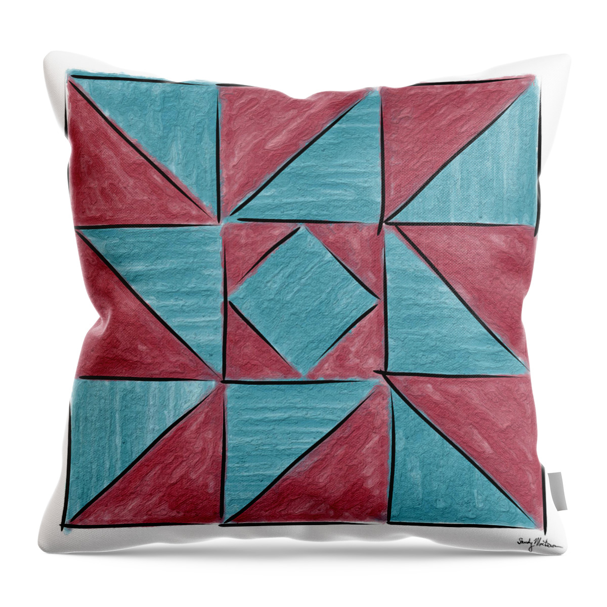 Quilt Throw Pillow featuring the painting Indiana Puzzle in Blue and Burgundy by Sandy MacGowan