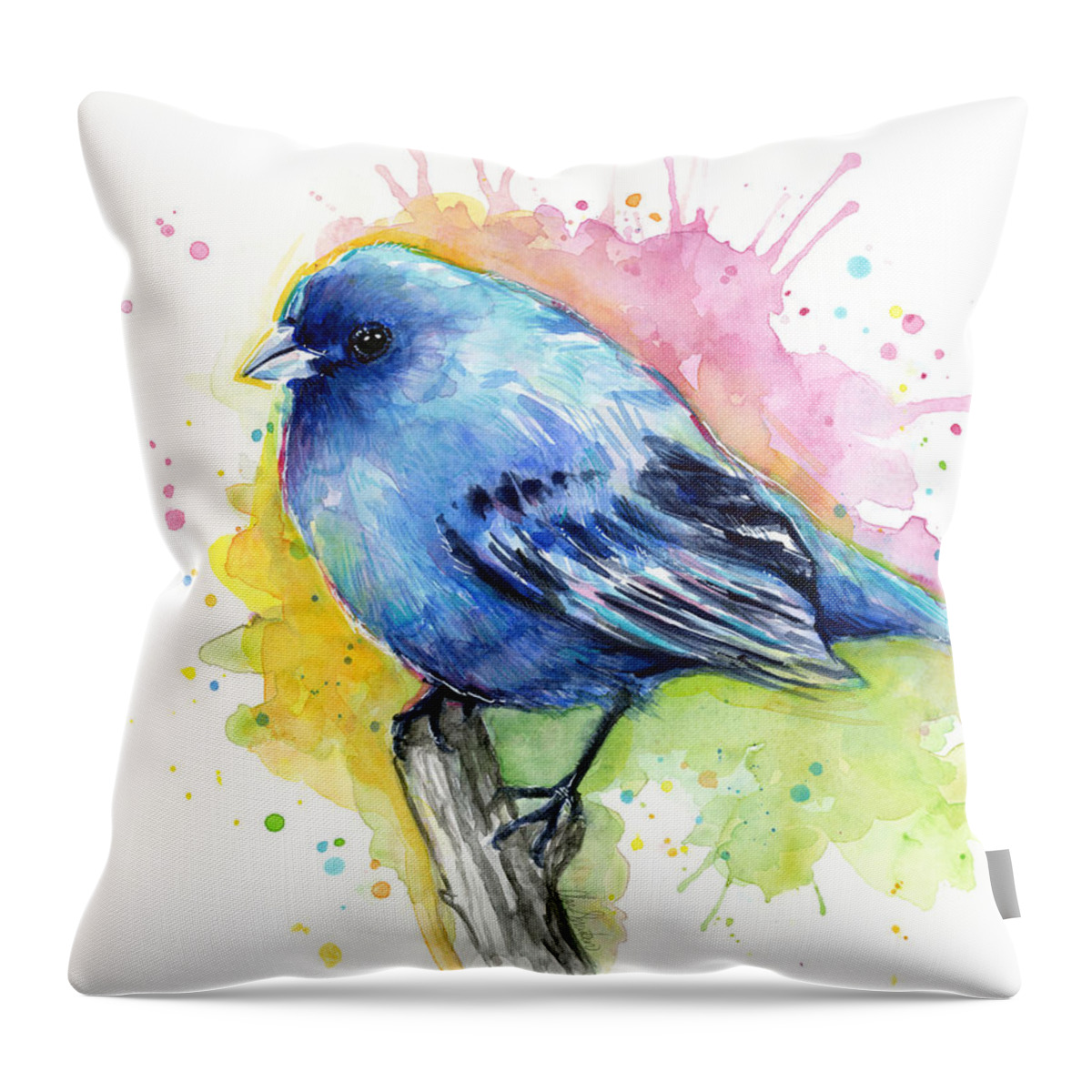 Blue Throw Pillow featuring the painting Indigo Bunting Blue Bird Watercolor by Olga Shvartsur