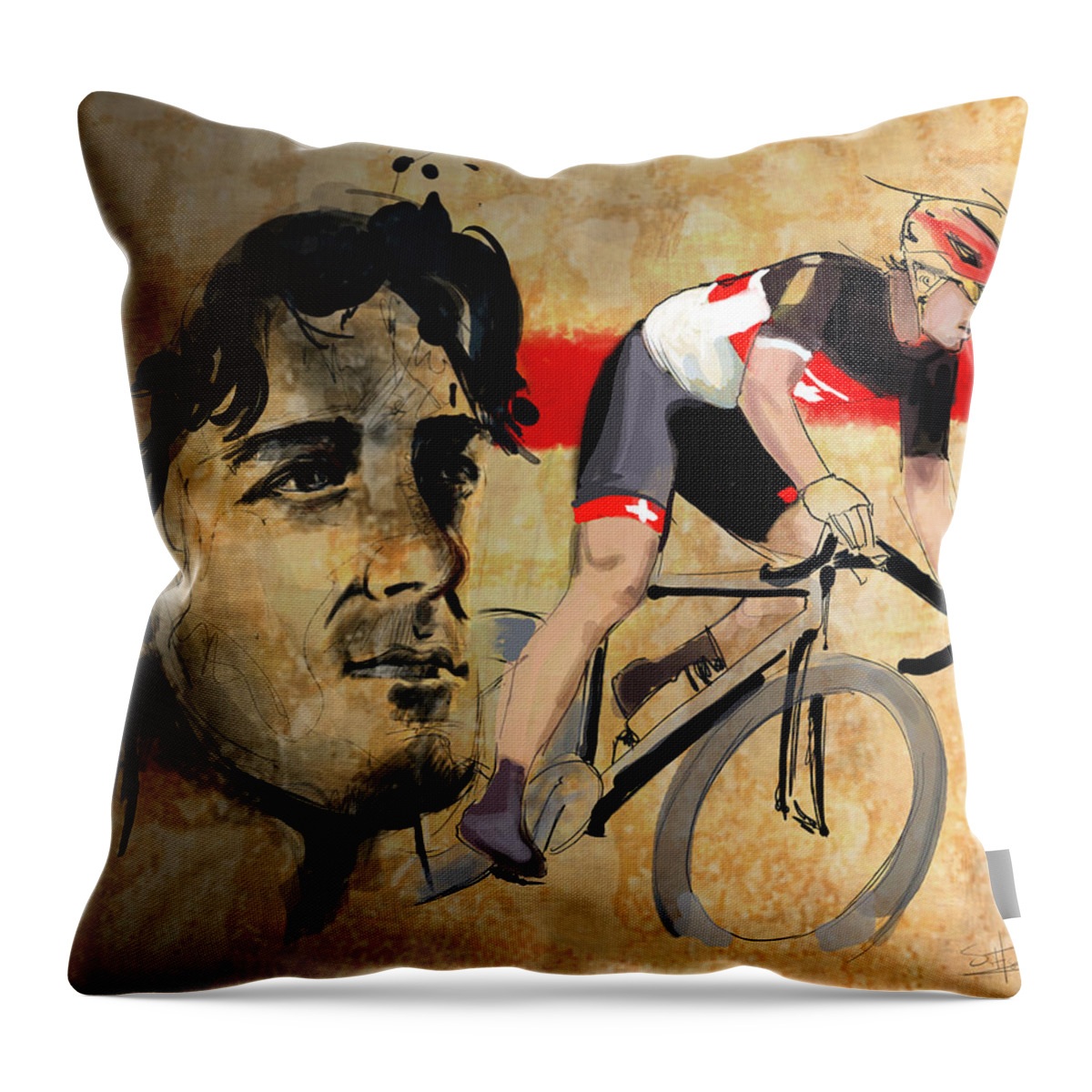 Cancellara Throw Pillow featuring the digital art Ink portrait illustration print of Cycling Athlete Fabian Cancellara by Sassan Filsoof