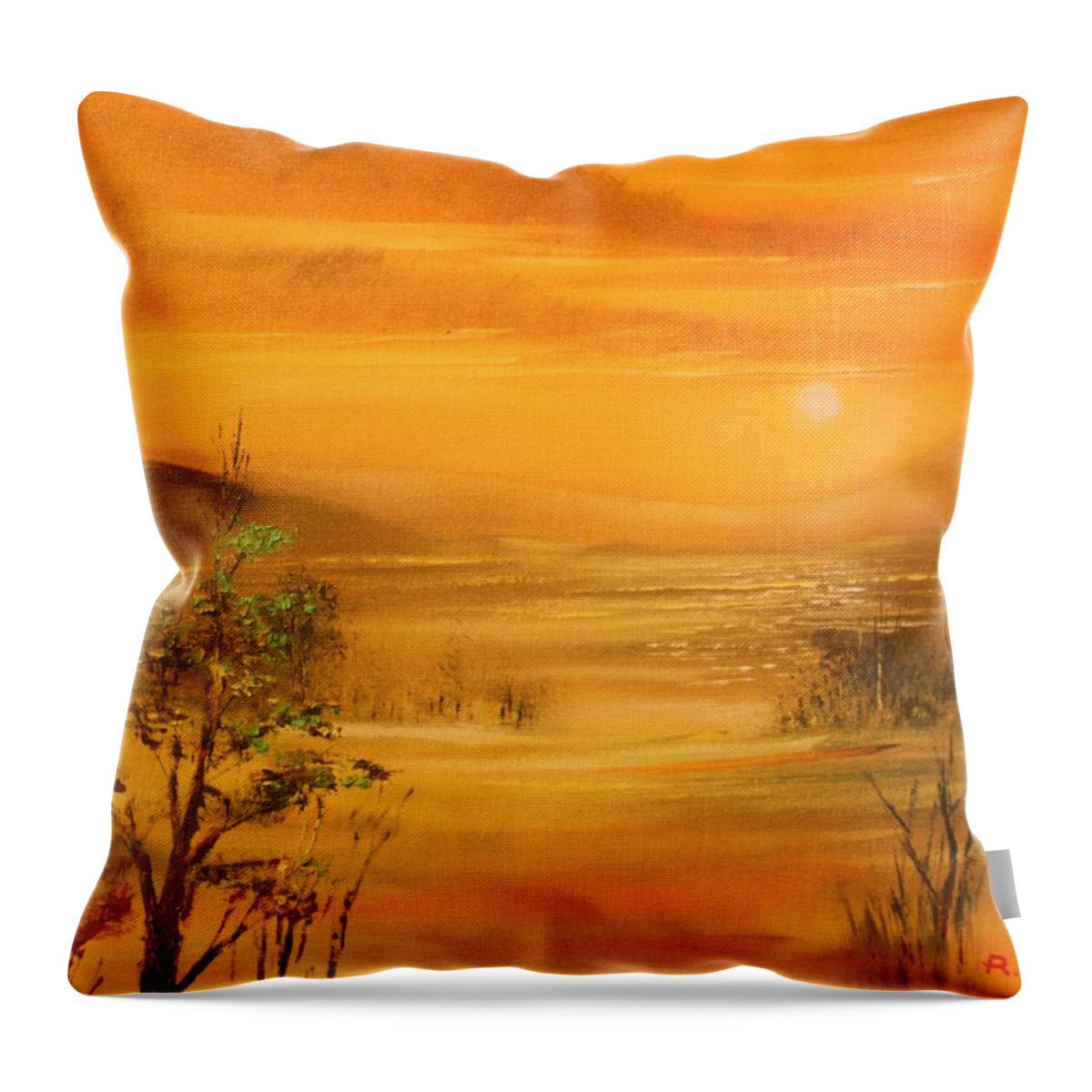 Sunset Throw Pillow featuring the painting Intense Orange by Remegio Onia