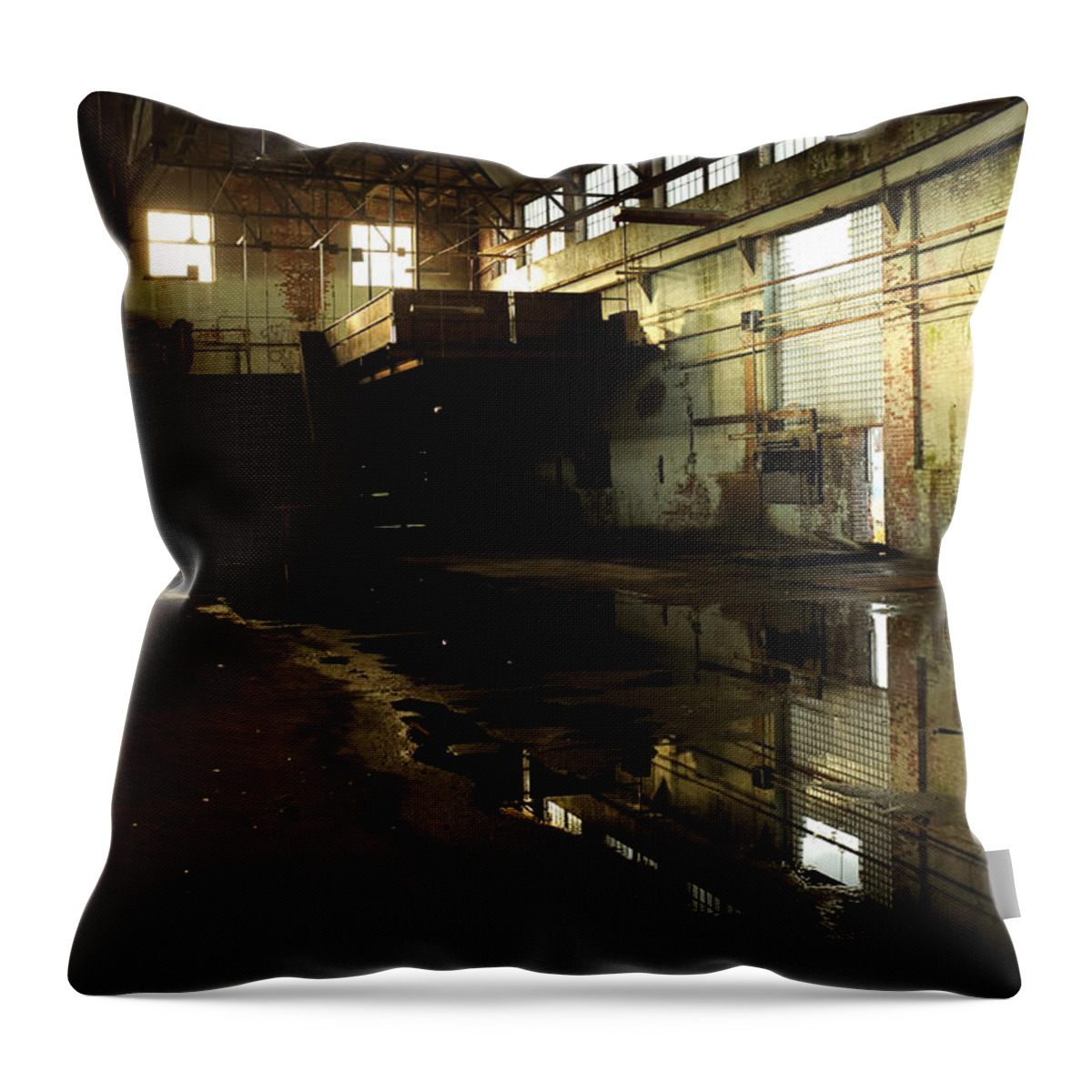 Abandoned Throw Pillow featuring the photograph Interior Of An Abandoned Factory by HD Connelly