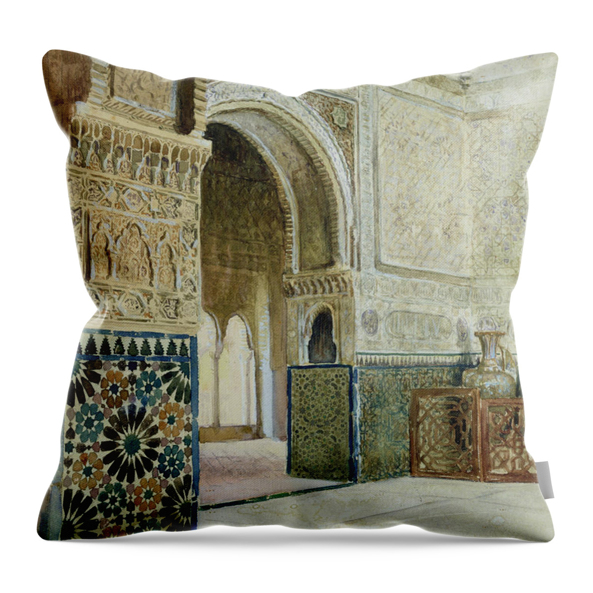 Tiles Throw Pillow featuring the drawing Interior Of The Alhambra by French School