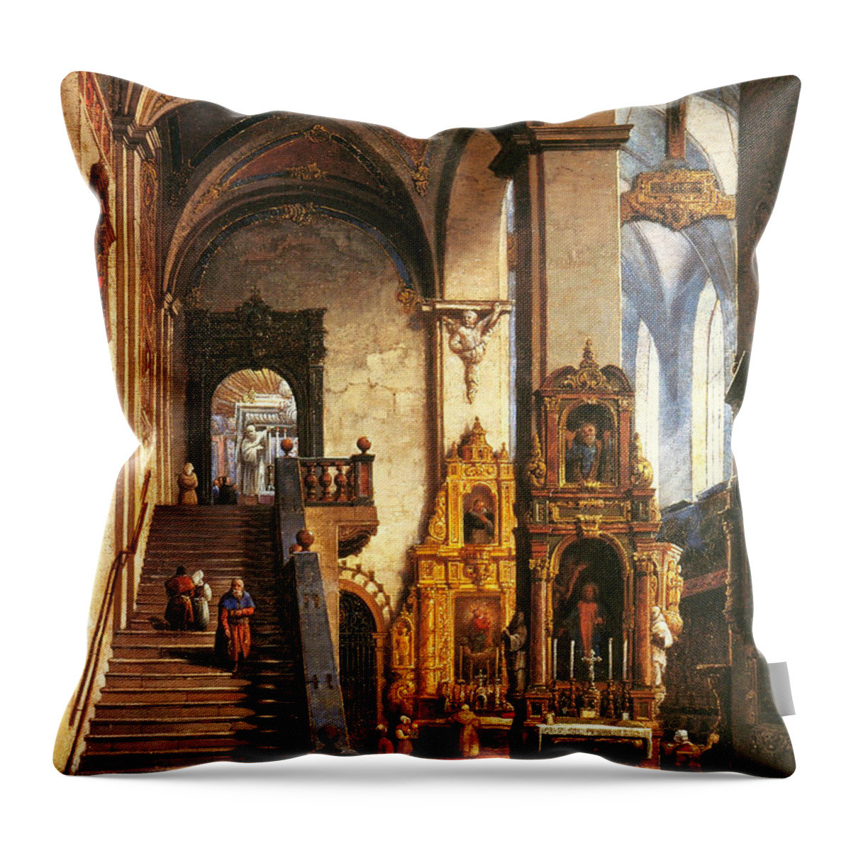 Marcin Zaleski Throw Pillow featuring the painting Interior of the Dominican Church in Krakow by Marcin Zaleski