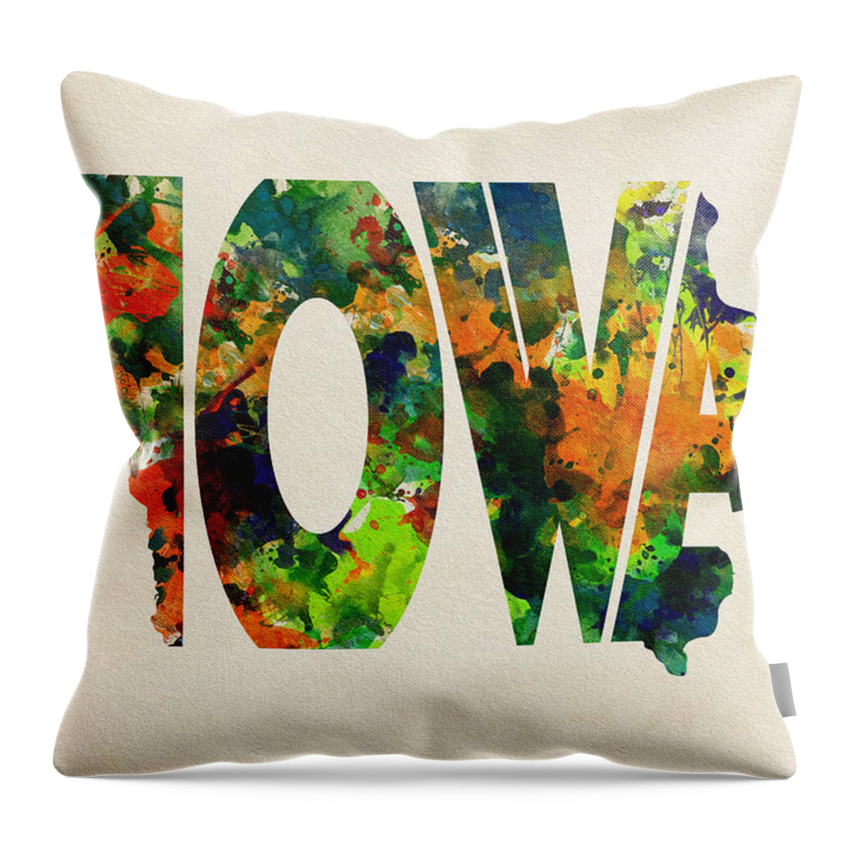 Iowa Throw Pillow featuring the painting Iowa Typographic Watercolor Map by Inspirowl Design