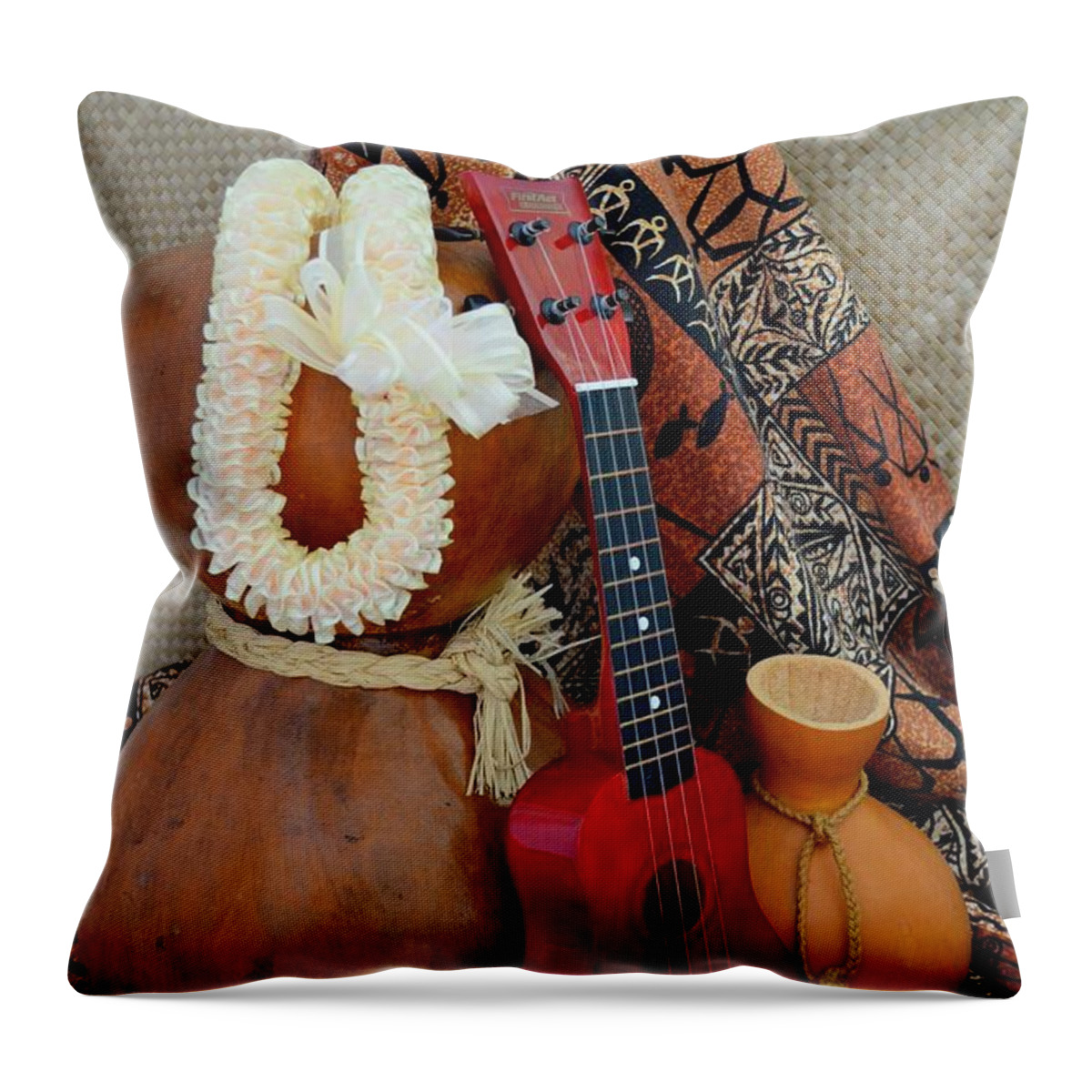 Ipu Heke Throw Pillow featuring the photograph Ipu Heke and Red Ukulele with White Satin Lei by Mary Deal