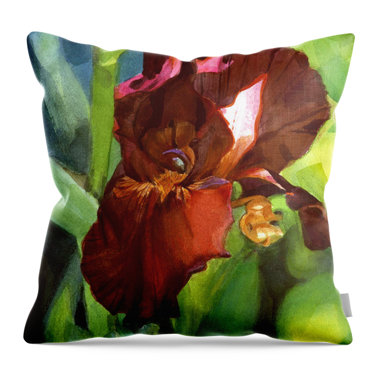 Watercolor Throw Pillow featuring the painting Watercolor of a tall Iris in Burgundy Red by Greta Corens