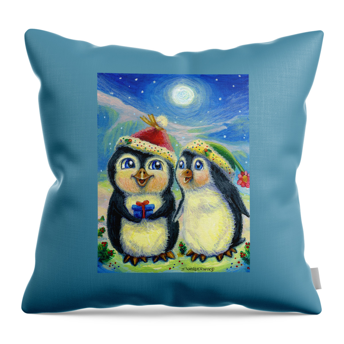 Penguins Throw Pillow featuring the painting Is That Present For Me by Jacquelin L Westerman