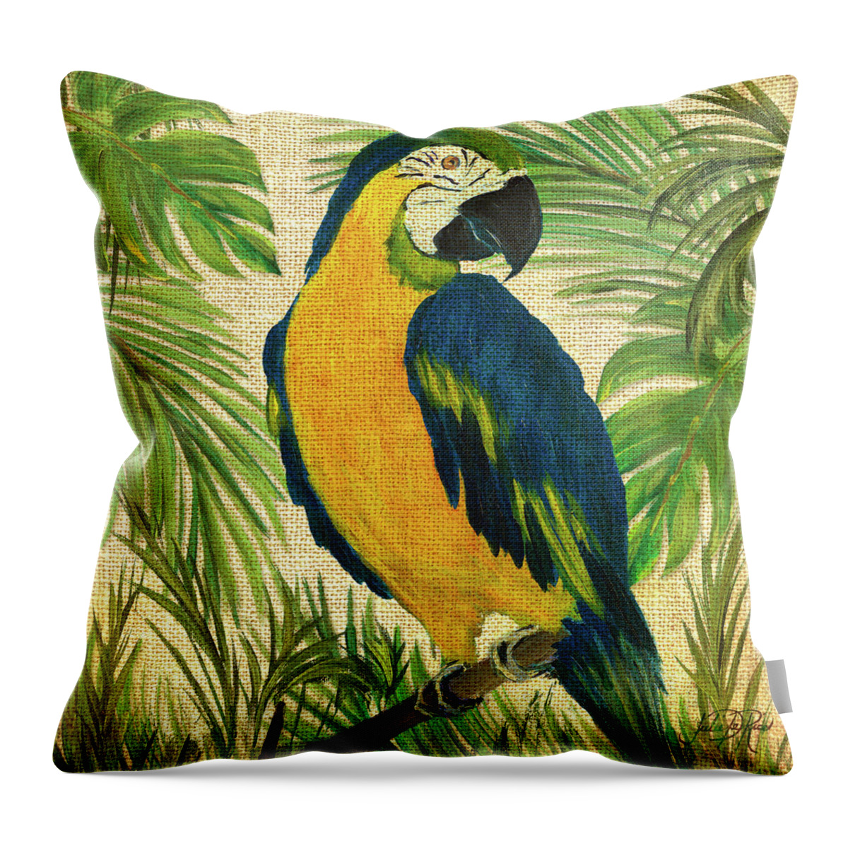 Island Throw Pillow featuring the painting Island Birds Square On Burlap II by Julie Derice
