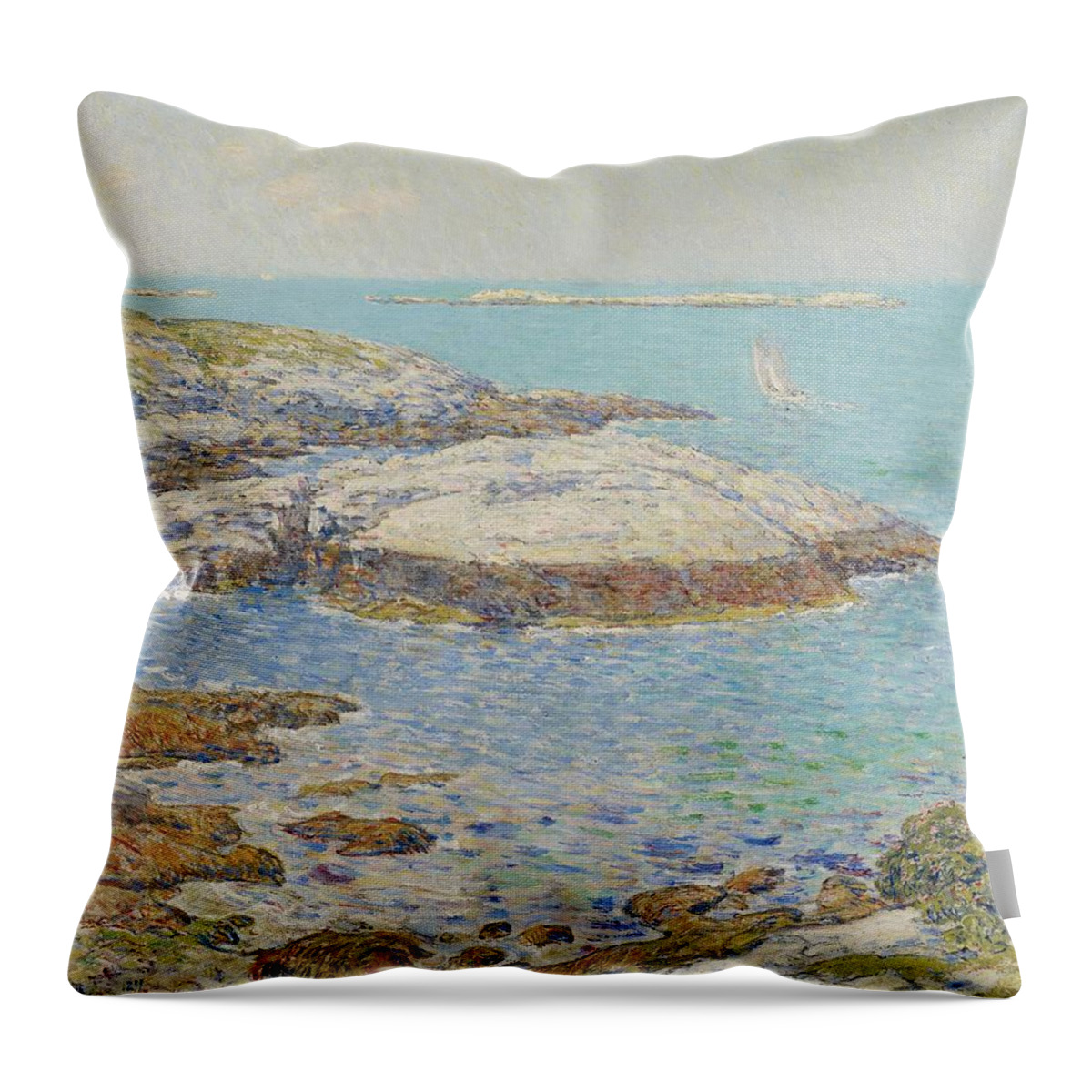 New England; America; American; Landscape; View; Coast; Coastal; Seascape; Us; Usa; United States; New Hampshire; Maine; Summer; Summertime; Isles Of Shoals; Island; Islands; Sailing Boat; Sails; Lighthouse; Rocks; Rocky; Shore; Shoreline; Impressionism; Impressionist; Sea Throw Pillow featuring the painting Isles of Shoals by Childe Hassam