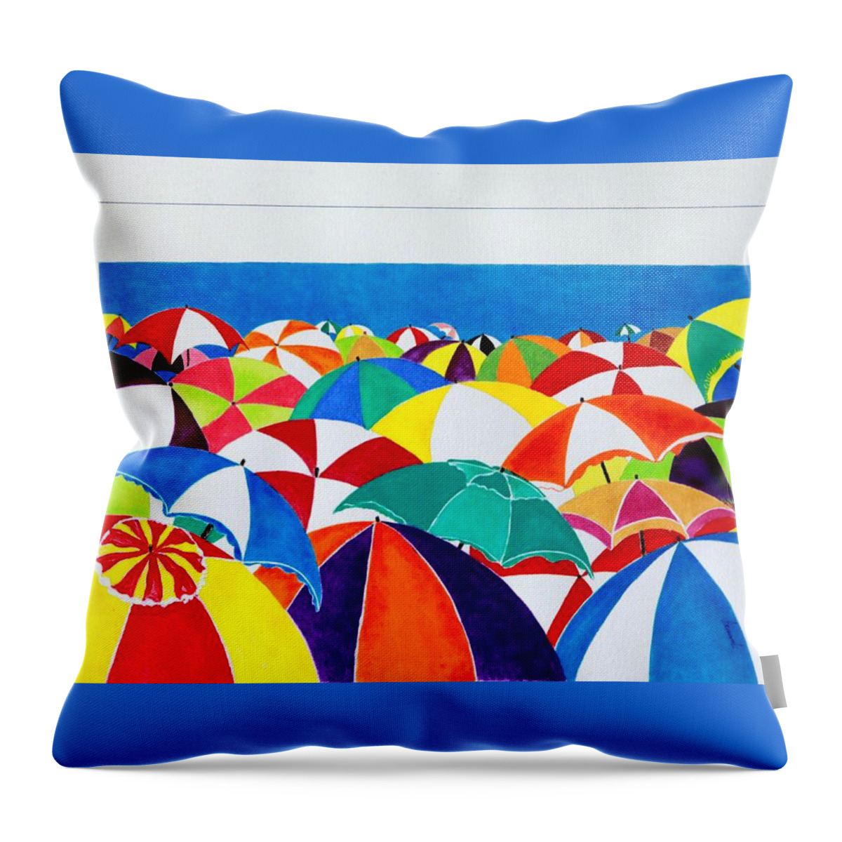 Umbrellas Spread Across An Italian Beach Throw Pillow featuring the painting Italian Beach by Thomas Gronowski