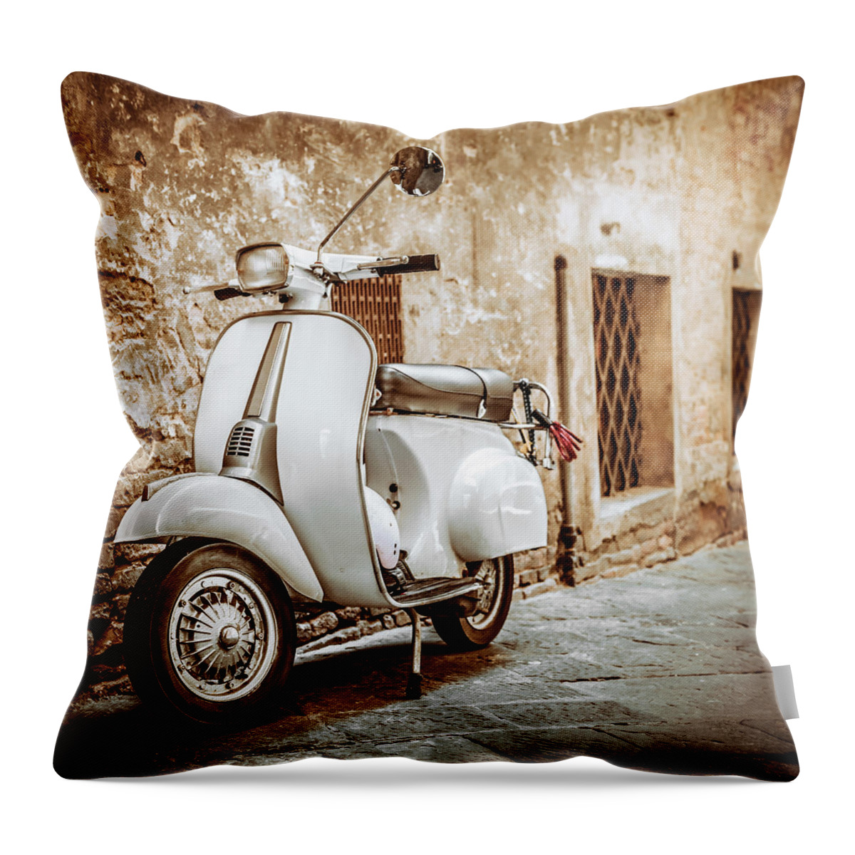 Mode Of Transport Throw Pillow featuring the photograph Italian Scooter In Grungy Alley by Giorgiomagini