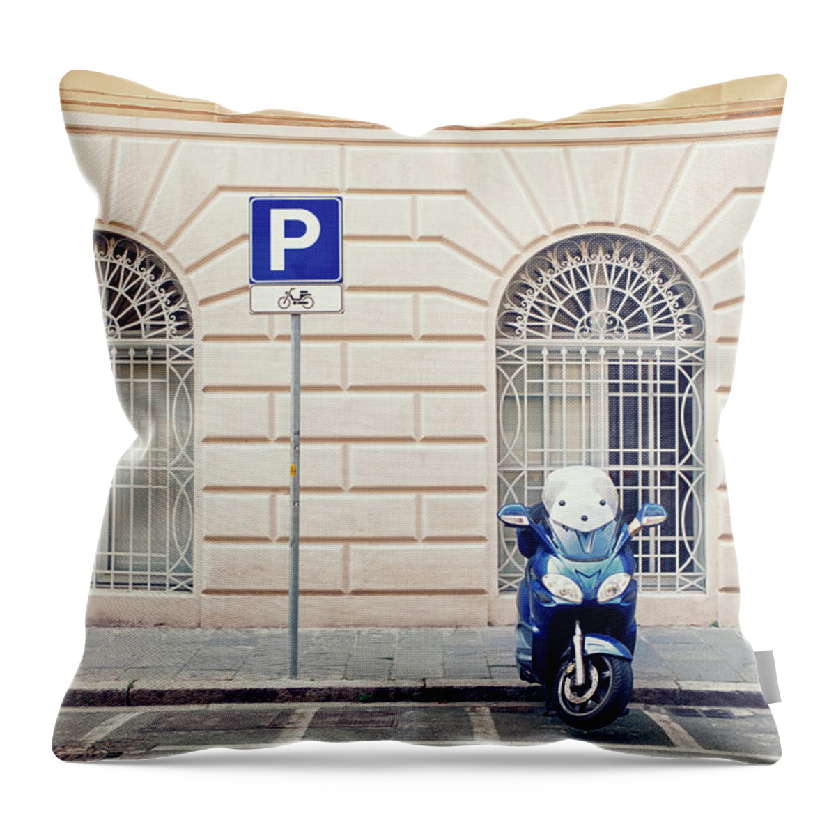 Sparse Throw Pillow featuring the photograph Italian Scooter Parked On The Street by Marcoventuriniautieri