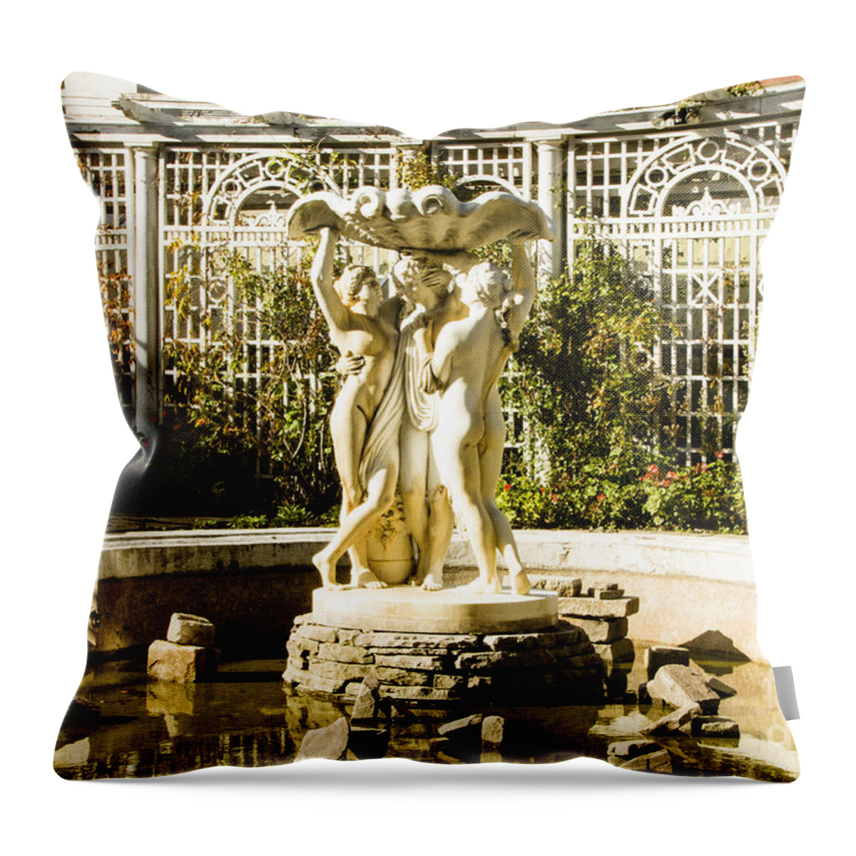 Benches Throw Pillow featuring the photograph Italian Water Garden Parkwood by Marilyn Cornwell