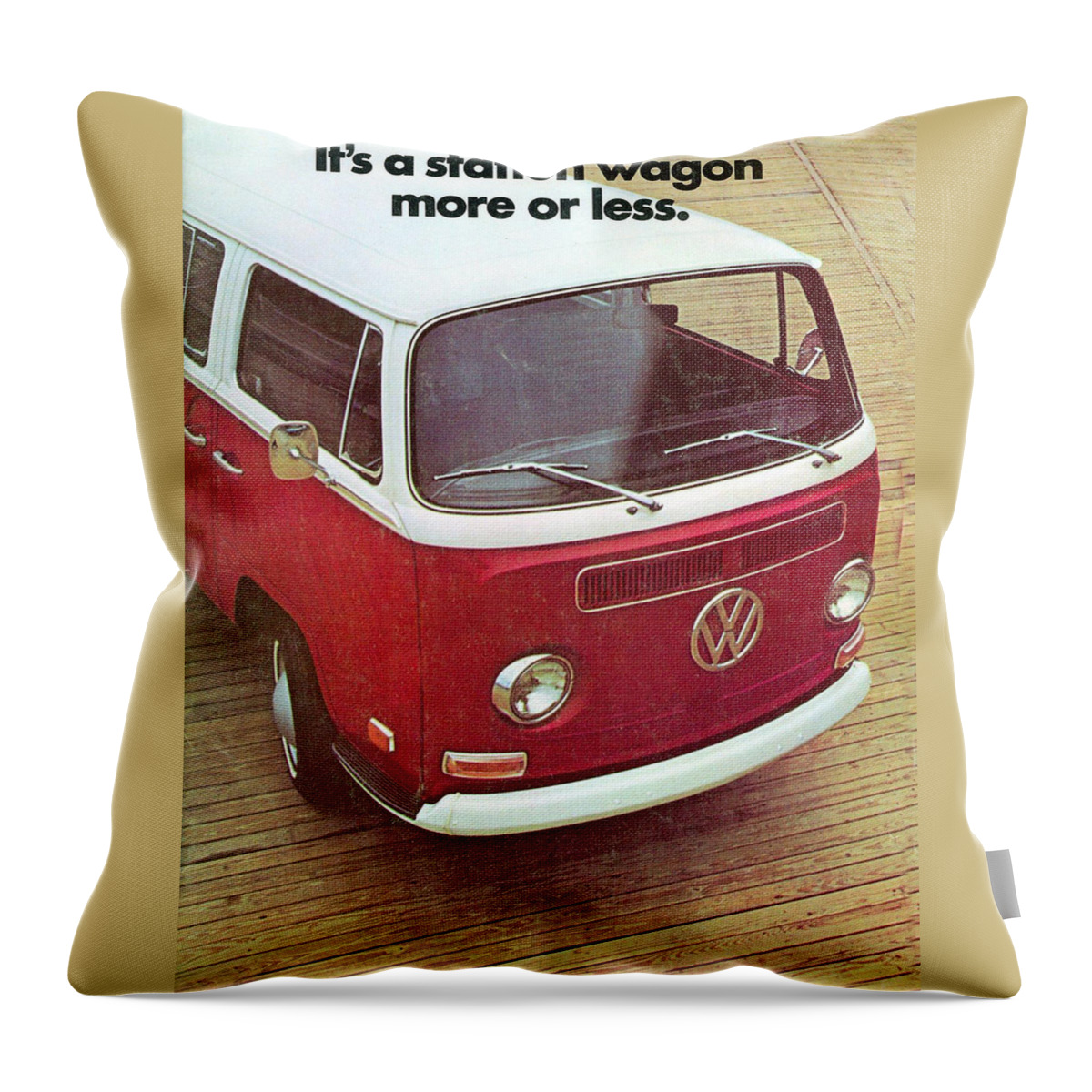 Vw Camper Throw Pillow featuring the digital art It's a station wagon more or less - VW Camper ad by Georgia Clare