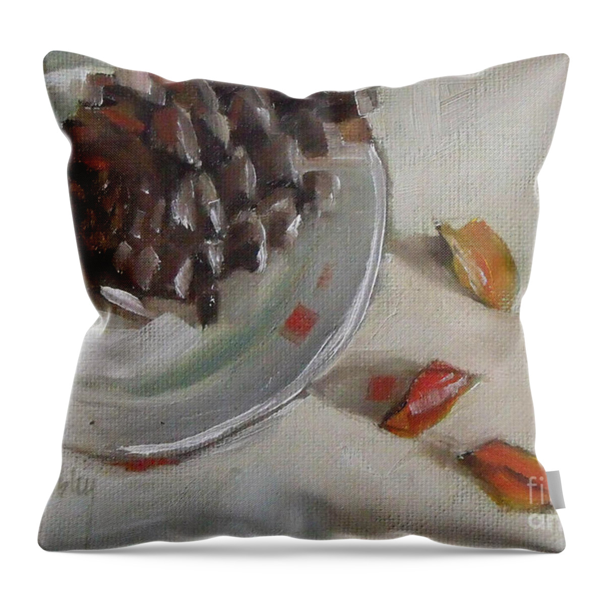 Still Life Throw Pillow featuring the painting Pine cone still life on a plate by Mary Hubley