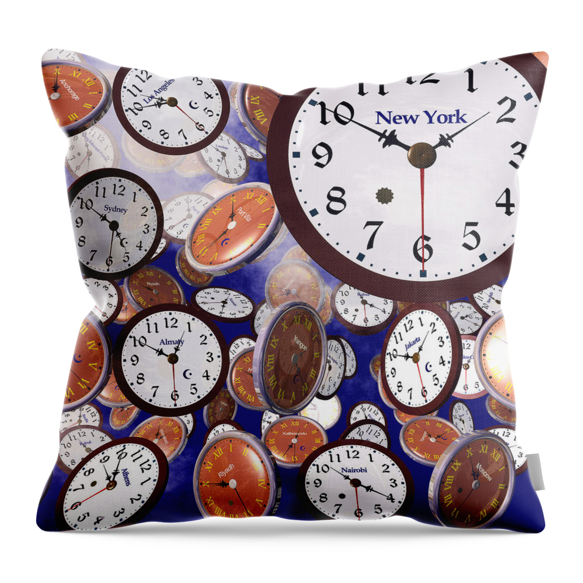Clocks Throw Pillow featuring the digital art It's Raining Clocks - New York by Nicola Nobile