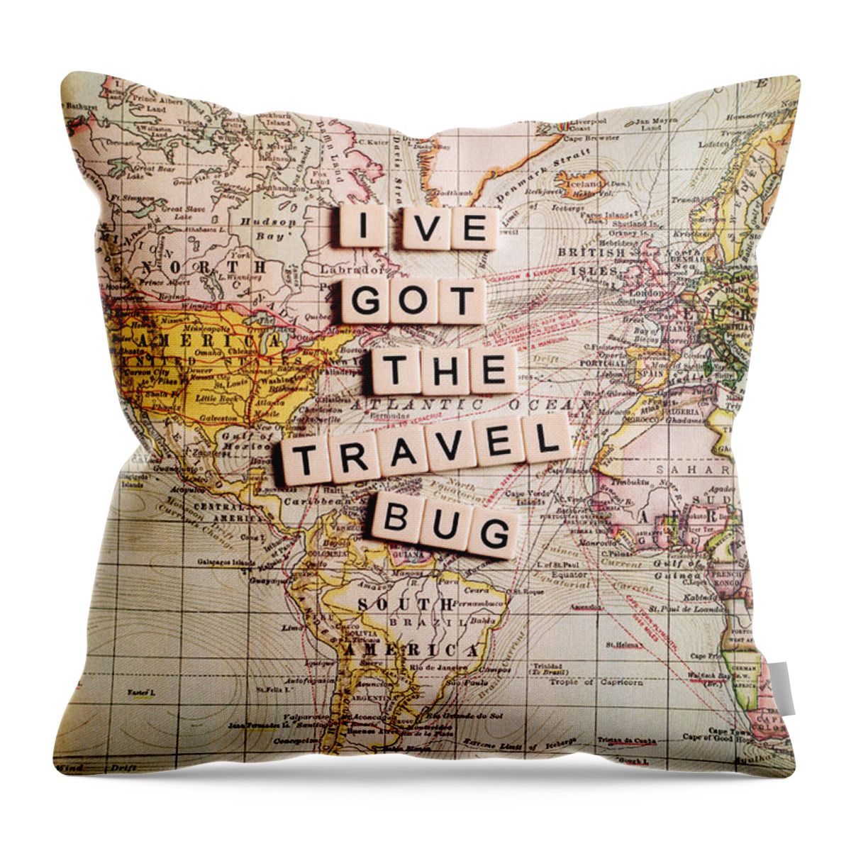 Typography Throw Pillow featuring the photograph I've got the travel bug by Sylvia Cook