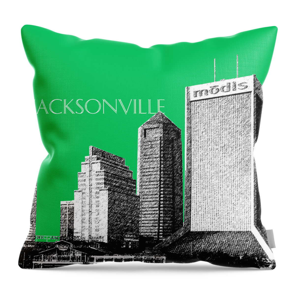 Architecture Throw Pillow featuring the digital art Jacksonville Florida Skyline - Green by DB Artist