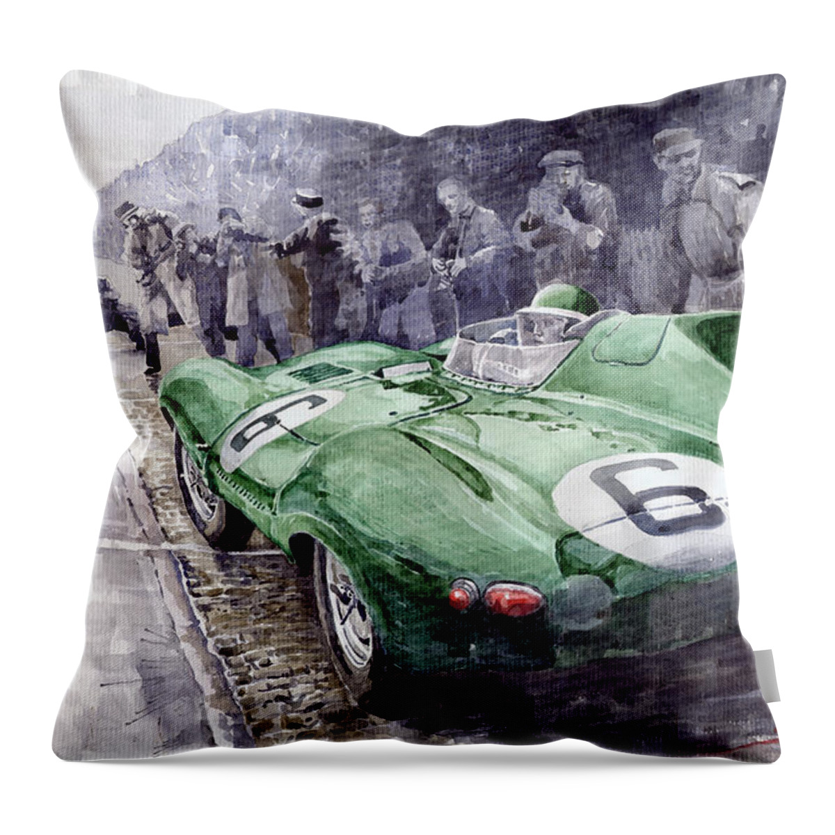 Watercolor Throw Pillow featuring the painting Jaguar D-TYPE 1955 Le Mans by Yuriy Shevchuk