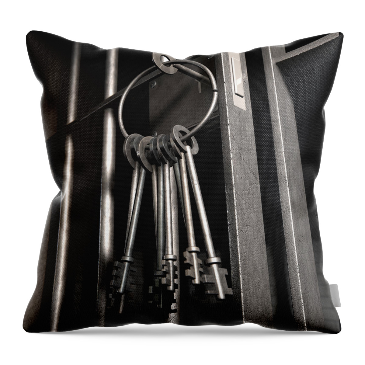Jail Throw Pillow featuring the digital art Jail Cell With Open Door And Bunch Of Keys by Allan Swart